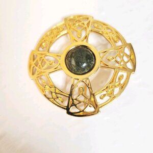 Vtg J.C. Walsh & Sons Connemara Marble Glod Tone Cross Brooch Made in Ireland